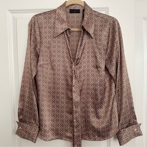 Apostrophe Patterned Satin Tie Front Button Down Blouse Shirt With French Cuffs